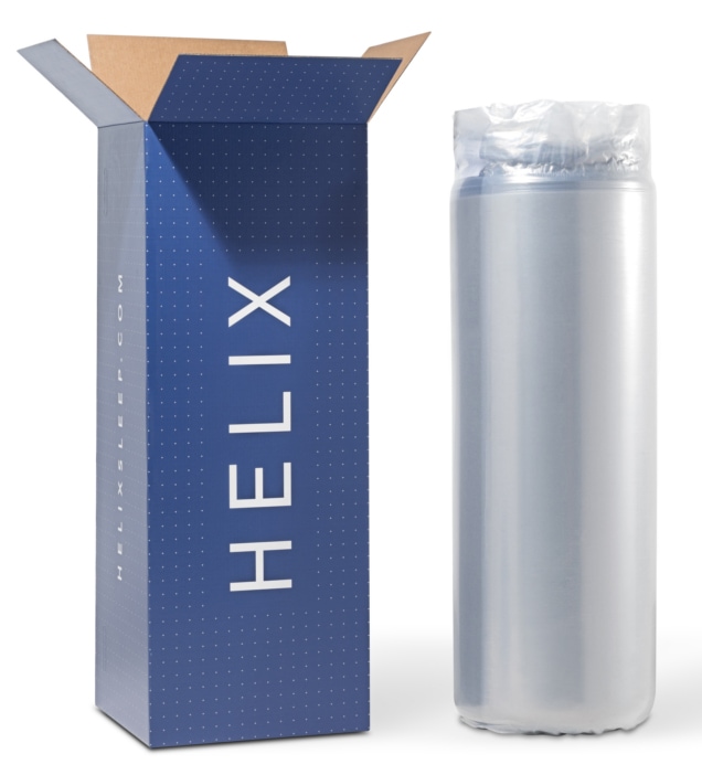 helix box with mattress wrapped up next to it